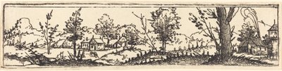 Paisaje con seis árboles solitarios y tres pequeñas casas de campo de Augustin Hirschvogel