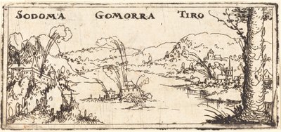 Paisaje con tres ciudades en llamas: Sodoma, Gomorra y Tiro de Augustin Hirschvogel