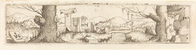 Paisaje con un arroyo y ruinas de Augustin Hirschvogel