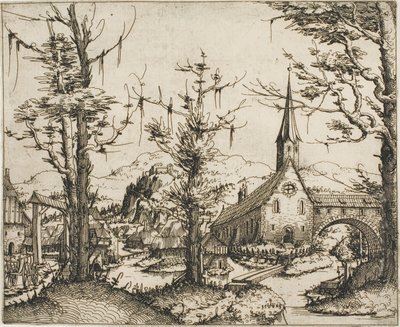 Paisaje con iglesia y puente cubierto de Augustin Hirschvogel