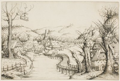 Paisaje con un Puente de Madera Curvado de Augustin Hirschvogel