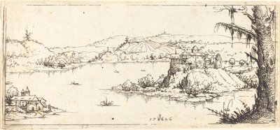 Paisaje con un gran lago en el centro de Augustin Hirschvogel