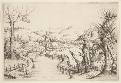 Paisaje con un puente de madera serpenteante de Augustin Hirschvogel