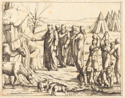 Moisés golpeando la roca de Augustin Hirschvogel