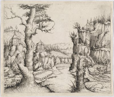 Paisaje fluvial con altos acantilados de Augustin Hirschvogel