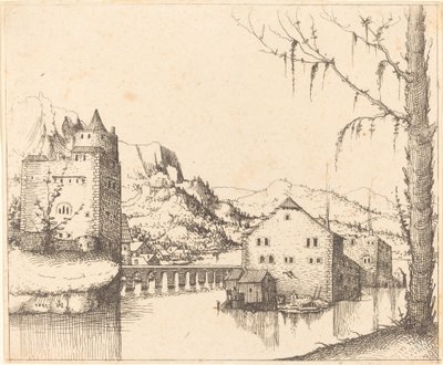 Paisaje fluvial con casas en la isla de Augustin Hirschvogel