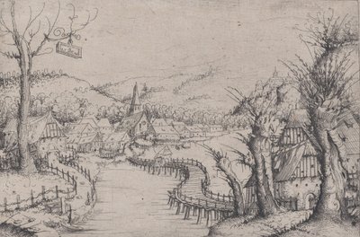 Paisaje fluvial con tres sauces desnudos a la derecha y un largo puente de madera serpenteante, 1546 de Augustin Hirschvogel