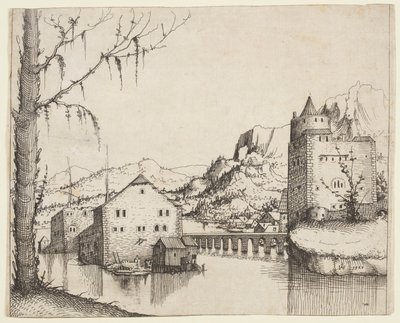 Paisaje Fluvial con Dos Edificios Conectados por un Puente de Augustin Hirschvogel