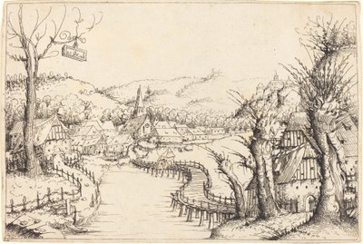 Paisaje fluvial con puente de madera de Augustin Hirschvogel
