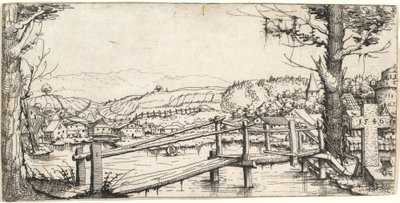 Paisaje fluvial con un puente peatonal, 1546 de Augustin Hirschvogel