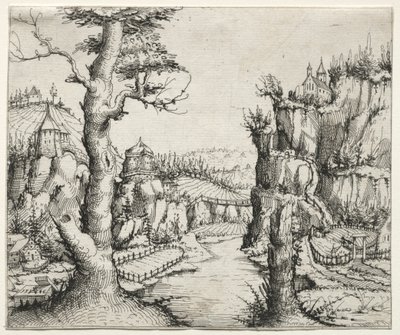 Paisaje fluvial con rocas a la izquierda y a la derecha, 1546 de Augustin Hirschvogel