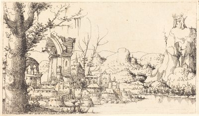 Paisaje fluvial con la tentación de Cristo, 1545 de Augustin Hirschvogel