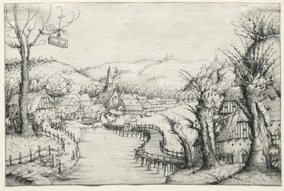 Paisaje fluvial con tres sauces desnudos a la derecha y un largo puente de madera sinuoso en el centro que conduce a un pueblo de Augustin Hirschvogel