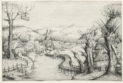Paisaje fluvial con tres sauces desnudos a la derecha y un largo puente de madera serpenteante..., 1546 de Augustin Hirschvogel