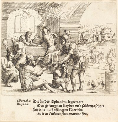 Los hombres de Efraín cuidan a sus cautivos y los devuelven a Jericó de Augustin Hirschvogel