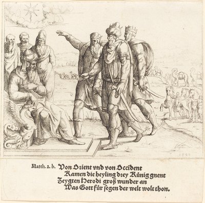Los tres reyes le cuentan a Herodes sobre el nacimiento de Cristo, 1549 de Augustin Hirschvogel