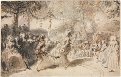 Bailarines disfrazados actuando en una taberna jardín, 1756 de Augustin de Saint Aubin