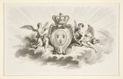 Escudo real con flores de lis flanqueado por ángeles, reproducción del siglo XIX. de Augustin de Saint Aubin