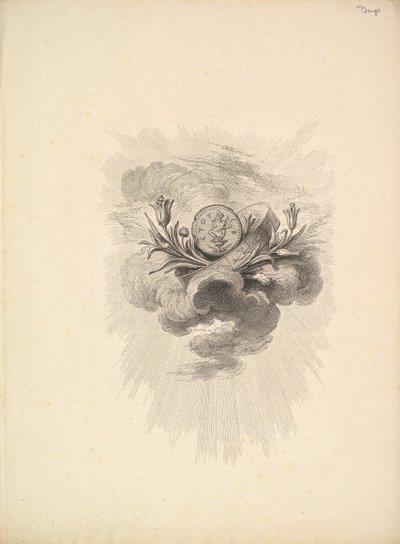 Viñeta con una medalla que representa a Harpócrates y flores de loto, Volumen I, Página 12, de D... de Augustin de Saint Aubin