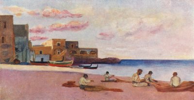 Atardecer en la playa de la Marina de Ischia (litografía en color) de Augustine Fitzgerald