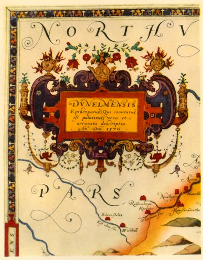 Cartucho por A. Ryther en el mapa de Saxton de Durham de Augustine Ryther