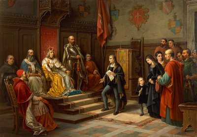 Federico III, presionado para marchar contra los turcos por el poeta triestino Raffaele Zovenzoni, por Augusto Tominz (1818-1883) de Augusto Tominz