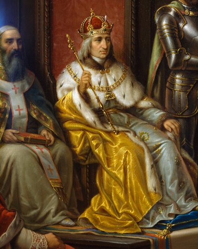 Federico III, siendo presionado para marchar contra los turcos por el poeta triestino Raffaele Zovenzoni, detalle, por Augusto Tominz (1818-1883) de Augusto Tominz