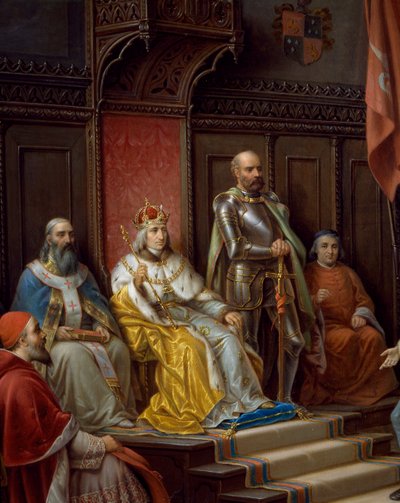 Federico III en el trono, detalle de Federico III, siendo presionado para marchar contra los turcos por el poeta triestino Raffaele Zovenzoni, pintura de Augusto Tominz (1818-1883) de Augusto Tominz