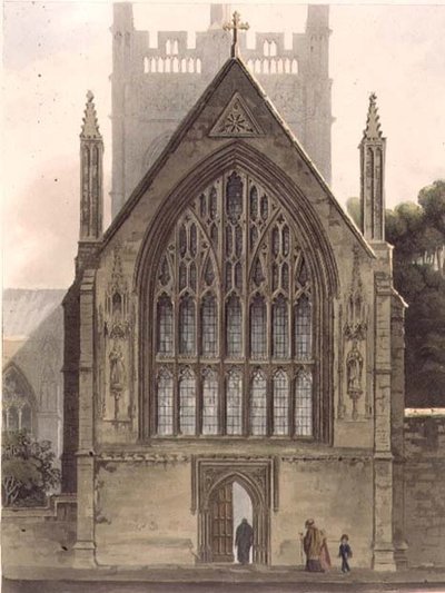 Exterior del Merton College, frente a la ventana norte de la capilla, ilustración de la 