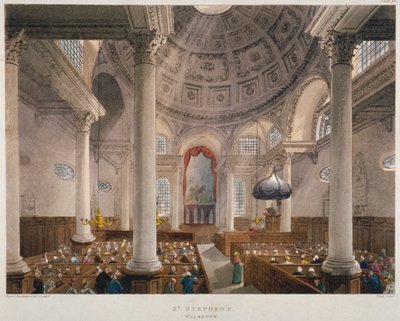 Interior de la Iglesia de San Esteban Walbrook durante un servicio, Ciudad de Londres, 1809 de Augustus Charles Pugin, Thomas Rowlandson