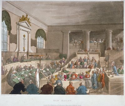 Vista interior de la Casa de Sesiones, Old Bailey, con un tribunal en sesión, Ciudad de Londres, 1809 de Augustus Charles Pugin