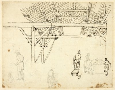 Estudio rechazado, posiblemente para una ilustración de la Aduana, de Microcosmos de Londres (recto); Bocetos de Trabajadores con Barriles (verso) de Augustus Charles Pugin