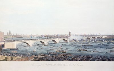 La inauguración del Puente de Waterloo el 18 de junio de 1817, grabado por A. Pugin a partir de un dibujo de W. Findlater, grabado por R. Havell y Son, 1818 (grabado en color) de Augustus Charles Pugin