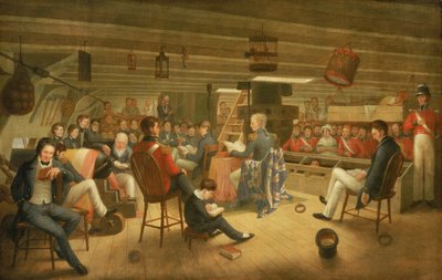 El servicio divino tal y como se realiza habitualmente a bordo de una fragata británica en alta mar de Augustus Earle