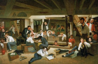 Vida en el mar, descripción de los momentos de ocio a bordo de los barcos, bajo la supervisión de un oficial de la marina: los marineros se afeitan, dibujan, leen (o estudian), tocan música (flauta), beben o muelen café en un molinillo. de Augustus Earle