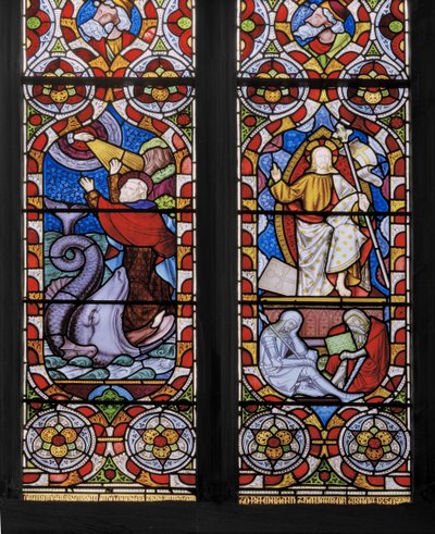 Tipos y Antitipos: Jonás y la Ballena, y Cristo Resucitado (detalle) de Augustus Welby Northmore Pugin