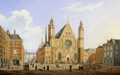 El Binnenhof en La Haya con vista al Ridderzaal con soldados y otras figuras en el patio de Augustus Wynantz