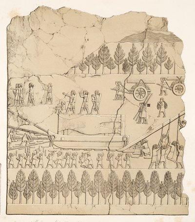 Asirios moviendo un toro alado sobre un trineo (Kouyunjik), de Monumentos de Nínive, pub. 1849 (grabado) de Austen Henry Layard