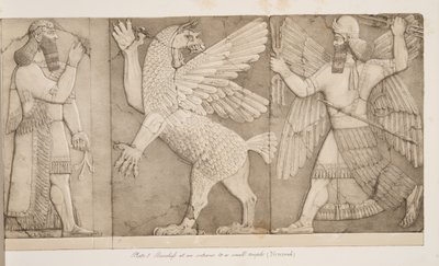 Bajorrelieves en la entrada de un pequeño templo (Nimrud), de Monumentos de Nínive, pub. 1849 de Austen Henry Layard