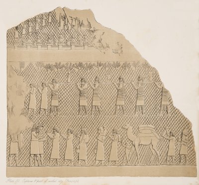 Cautivos y parte de la ciudad amurallada (Kouyunjik), ilustración de Monumentos de Nínive, 1858 de Austen Henry Layard