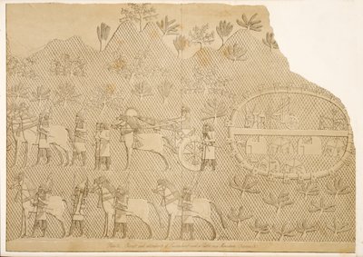 Carro y asistentes de Senaquerib y un castillo en una montaña (Kouyunjik), de Monumentos de Nínive, pub. 1849 de Austen Henry Layard