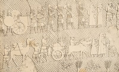 (detalle) de Cautivos y botín de la ciudad de Lachich, ilustración de Monumentos de Nínive, 1858 de Austen Henry Layard
