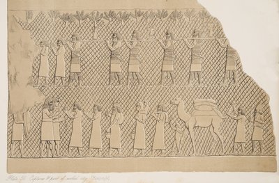 (detalle) de Cautivos y parte de la ciudad amurallada (Kouyunjik), ilustración de Monumentos de Nínive, 1858 de Austen Henry Layard