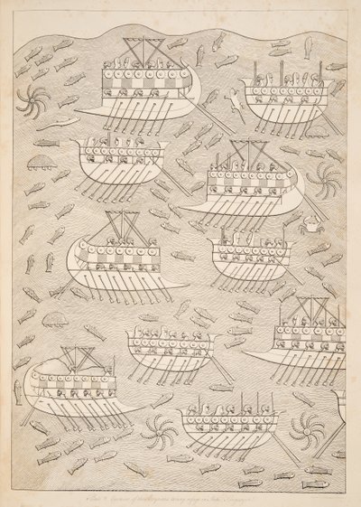 Enemigos de los asirios refugiándose en barcos (Kouyunlik), de Monumentos de Nínive, pub. 1849 de Austen Henry Layard