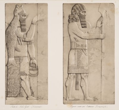 Dios pez (Nimrud) y figura cerca de una entrada (Kouyunjik), de Monumentos de Nínive, pub. 1849 de Austen Henry Layard