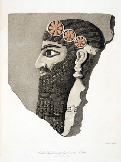 Cabeza de una figura alada con diadema, de Monumentos de Nínive, pub. 1849 de Austen Henry Layard