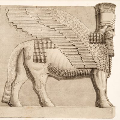 Toro con cabeza humana y figura alada de una puerta en la muralla que rodea Kouyunjik, de Monumentos de Nínive, pub. 1849 de Austen Henry Layard