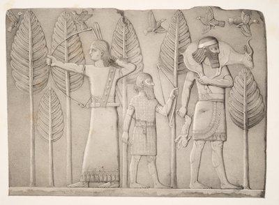 Cazadores con gacela, liebre y aves (Khorsabad), de Monumentos de Nínive, pub. 1849 de Austen Henry Layard