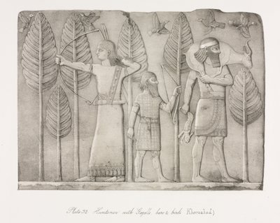 Monumentos de Nínive: Placa 32, Cazadores con gacela, liebre y aves Khorsabad, 1853 de Austen Henry Layard