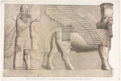Monumentos de Nínive: Lámina 3, Toro con cabeza humana y figura alada..., 1853 de Austen Henry Layard